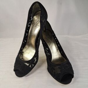 𝅺ADRIANNA Papell Black Floral Mesh Heels Women's Size 8